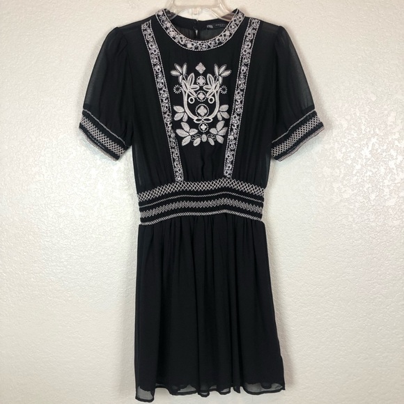 ZARA Embroidered Sheer Black Mini Dress Women’s Babydoll Style Size Medium - Picture 3 of 11